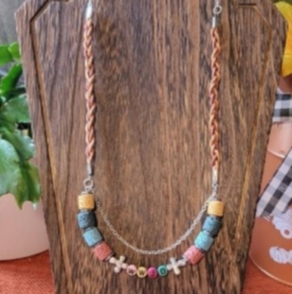Christian WWJD Cross beaded - braided leather cord BOHO necklace.